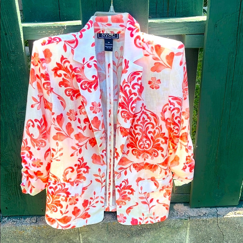 NYC Boxy 3/4 Sleeve Notched Collar Blouse in White and Orange